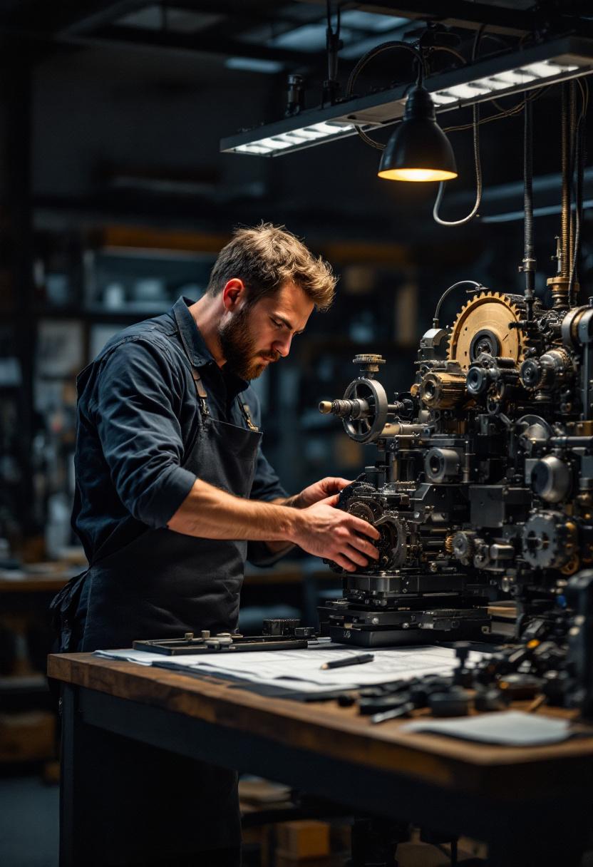 Мастер настраивает сложную систему в современной мастерской, символизируя затраты на адаптацию под бизнес-процессы.