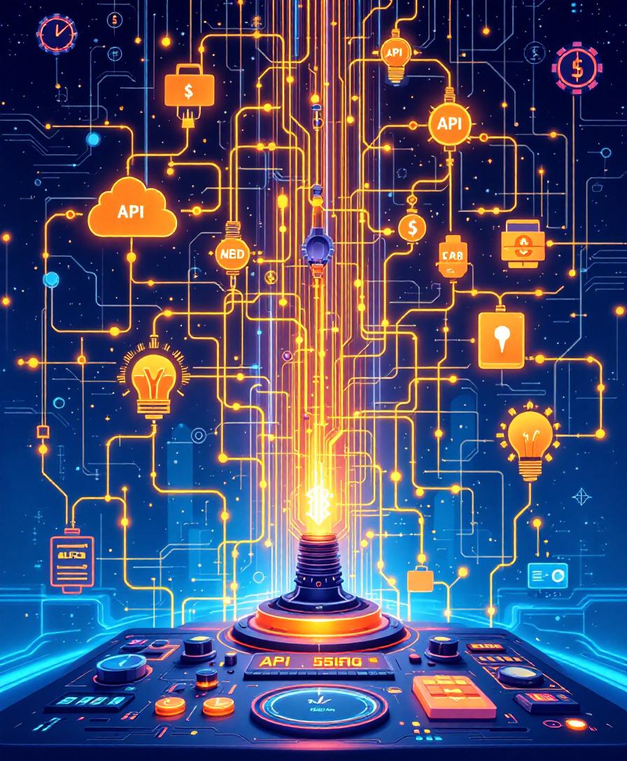 Сложная сеть подключённых внешних сервисов с элементами, символизирующими затраты на интеграцию.