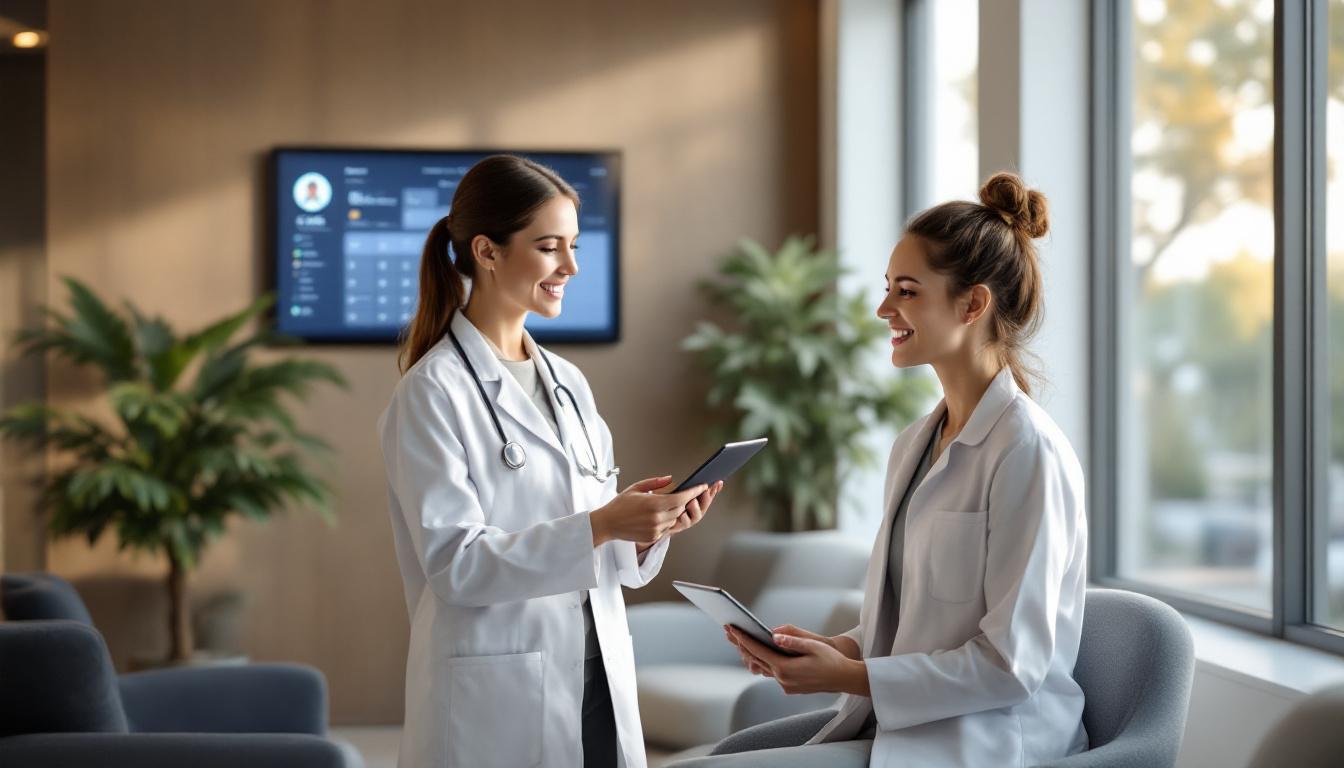 Дантист и пациент в современной клинике с элементами автоматизации коммуникаций.