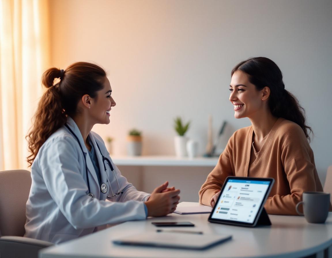 Врач и пациент в уютном кабинете с CRM-системой, символизирующей улучшение обслуживания.