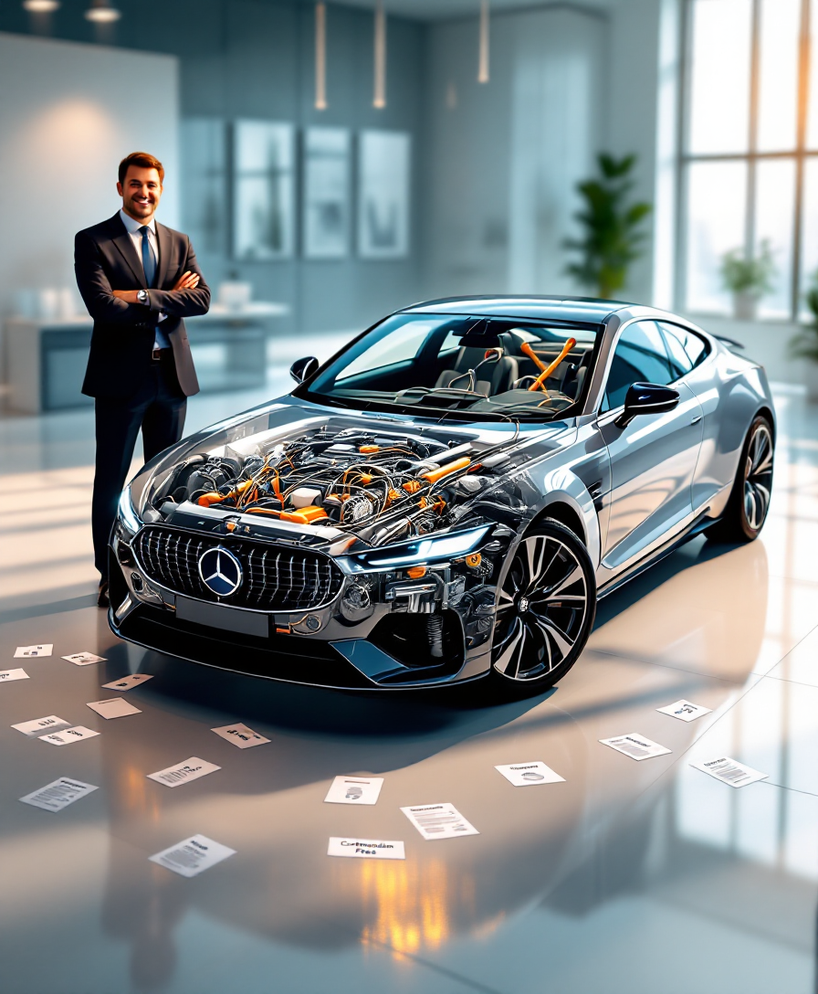 Машина с прозрачным двигателем, показывающим внутренний хаос, в то время как бизнесмен игнорирует это.